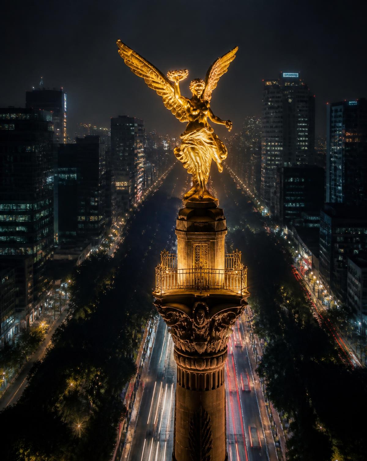 Ángel de la Independencia de noche, sede de CARD CULTURE MX en Ciudad de México